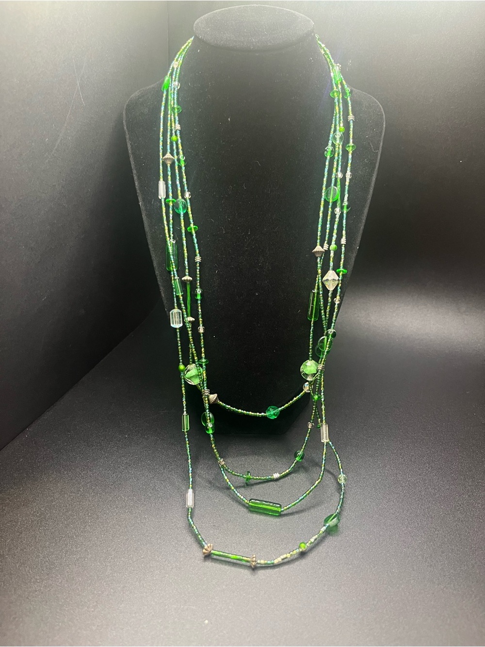 Green layered glass bead necklace iridescent seed beads long statement